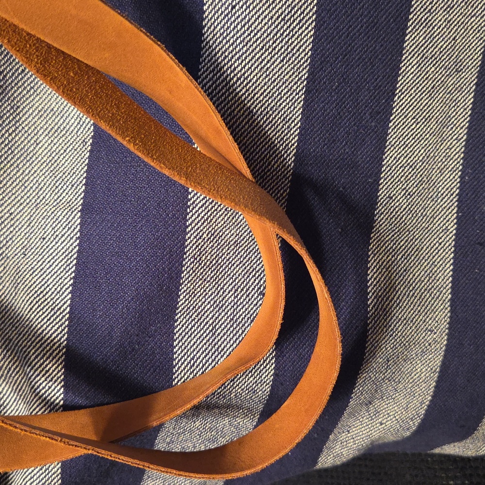 Navy & Cream Striped Canvas Tote with Tan Leather Handles - Picture 2 of 8